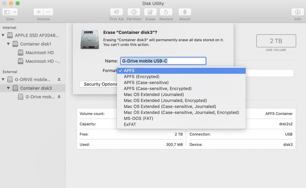 mac os extended not available for reformat usb stick with disk utility